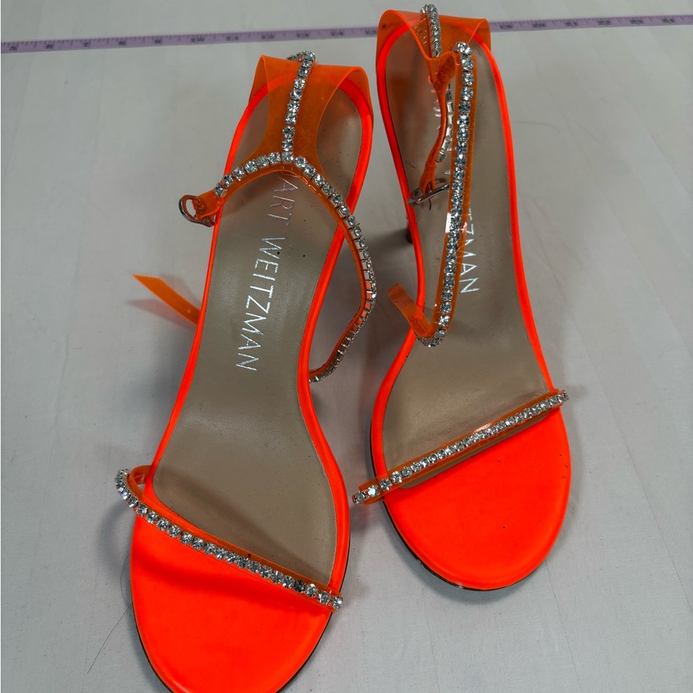 Stuart Weitzman Neon Orange Rhinestone Strappy Heels Size 8 Made in Spain